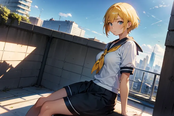 (Masterpiece,Best quality,Ultra high resolution: 1.1),Best Anime Wallpaper Winner,by Makoto Shinkai,realistic,highres,A female student sitting on the rooftop overlooking the city,Side face,Detail aspect,Reasonable structure,breasts,(Yellow short hair),solo...