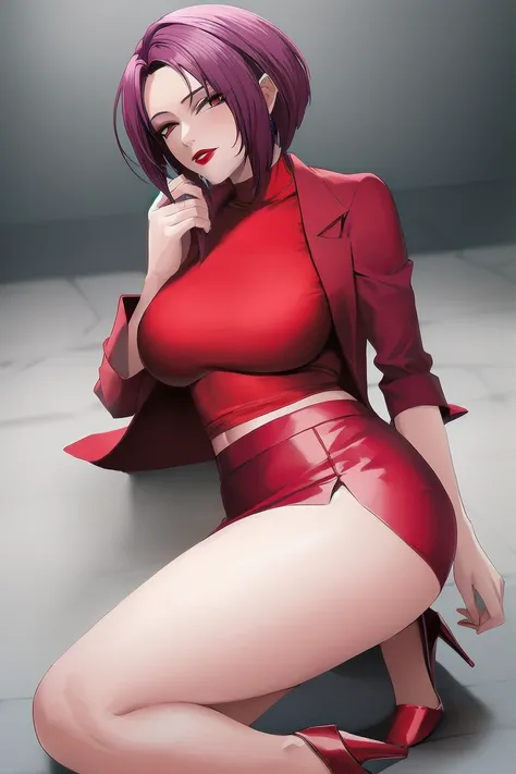 ((Highest quality)), ((masterpiece)), (Familiar), Hazy, Female,Mature Woman,Purple Hair, short hair, Low Ponytail, eye shadow, lipstick, Red eyes,White shirt,Large Breasts,Red and black jacket,Red tight skirt,Red Heels
