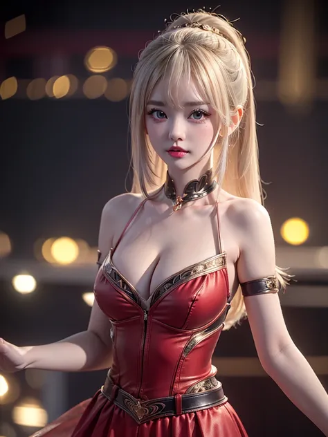 hujia cos,thighhighs, red skirt, (nice with you) ((cowboy shot)), ((Elegant posture, Attractive posture)), Platinum Blonde Fine Hair、Extra long silky straight hair、Big eyes with bangs and eyeliner、((Visible cleavage))、((E cup)), ((I-type Valley)), Nordic Y...