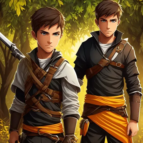 Make me an art of a cartoon style rpg character, a boy with short hair, smooth and brown, Caucasian skin, yellow eyes and a scar on the mouth that looks like a cut, in a setting of acacia trees, He has a black sweatshirt with orange details, black cargo pa...