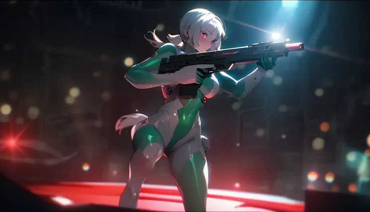 Sexy sci-fi girl,dynamic sexy action pose, Hold submachine gun, pony tail, shiny skin-tight white-green body, cyberpunk,  Amateur photographer, Subsurface scattering, film grain, Very detailed skin structure, good quality, 35mm Photography, film grain, bok...