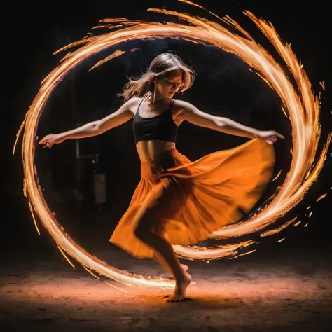 long exposure photo of a {girl dancing in the fire(metal effect:1.5)} in motion, blurred edges, slow shutter speed motion photog...