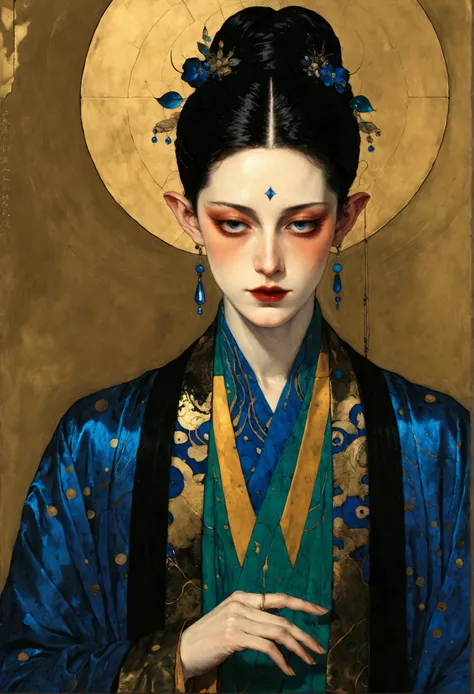 The art of math,Digital Illustration,Drawing,Decorative paintings,Watercolor,(((Harry Clark (Harry Clarke) style,圣地亚哥·卡鲁索style))),Simple,clean,Fine painting style,(((The third eye on the forehead。short hair,Pointed ears,robe))),Wide Angle,Black and blue,So...