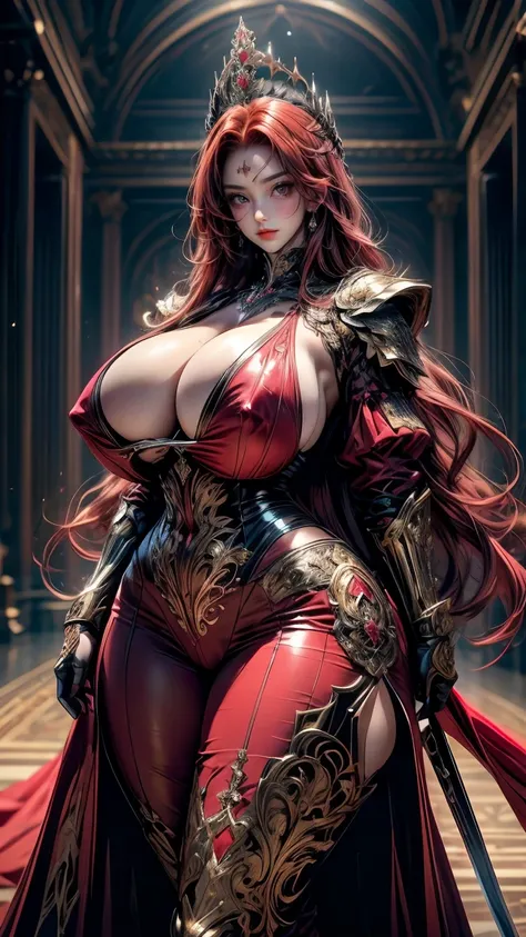 young intricate woman in royal palace, beautiful woman, long red hair, dark red hair, deep red hair, deep dark black eyes, wearing a high tech battle armor, no crown, white skinned, standing alone in a wide expanse with a long sword in her hand, ready for ...