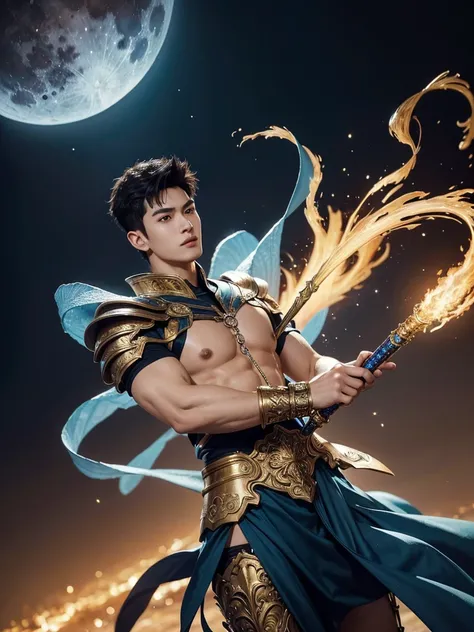 1 Handsome chinese slim guy, 20 years old, short hair, like Mighty Archangel Michael, handsome, kpop idol actor, many jawline, manly chin, Full Body Shoot, (eyes contact), detailed facial parts, Manly, bare chest, six packs attractive body and Quiff haircu...