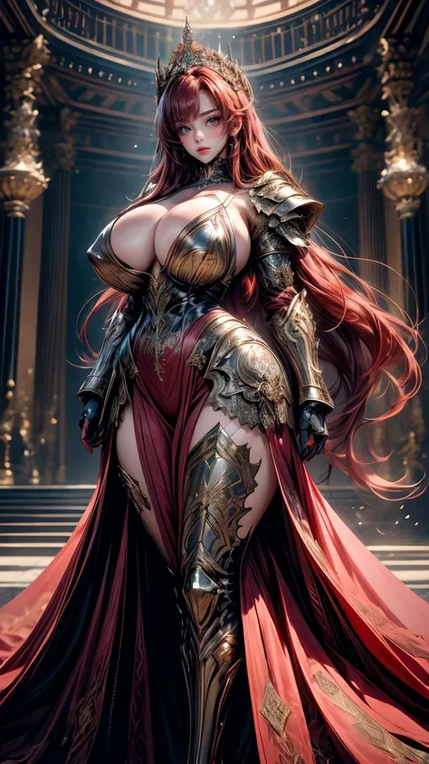 young intricate woman in royal palace, beautiful woman, long red hair with long bangs covering one of her eyes, dark red hair, deep red hair, deep dark black eyes, wearing a high tech battle armor, no crown, white skinned, standing alone in a wide expanse ...