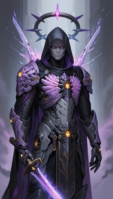 1 male,solo,grey skin, villian,black mechanical armor,full armor,detailed texture,fantasy,pale skin,energy veins on armor,black cloak,black hood, glowing purple eyes,black sclera,detailed,(machina),(glowing purple trim:1.3),detailed texture,black colour ha...