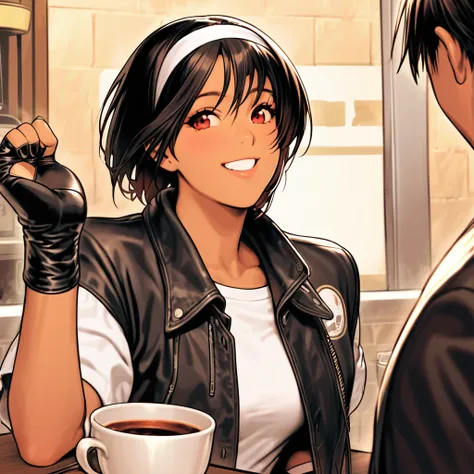 Orochikyo, Dark Skin,Red eyes,Black jacket, Fingerless gloves, Black Hair,White T-shirt, White headband, Black trousers, White shoes, Tea belt, good looking,indoor, charm, masterpiece, High resolution, Detailed face,fine grain, A confident smile,Drinking c...