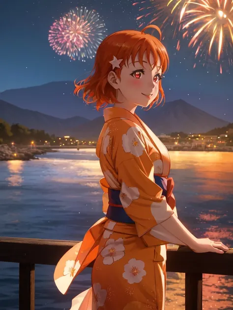 create an image of chika takami from love live! sunshine. she has orange hair, red eyes, and is wearing a white yukata with flor...