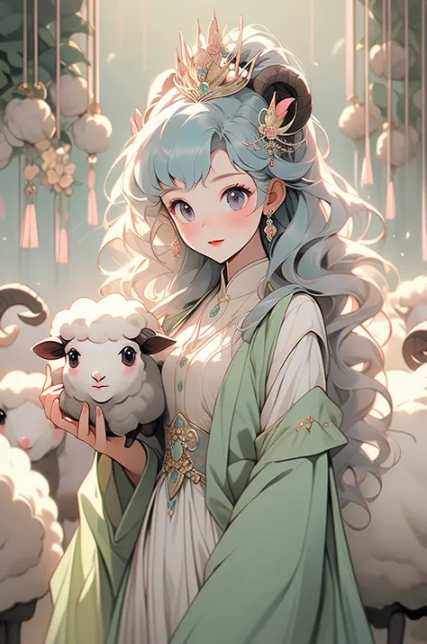 (pastel colour:1.2)、(Cute illustrations:1.2)、(Sheep Princess:1.4)、Wool Robe、Wool vest、Hold Sheep