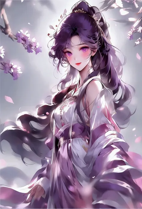 1girl,purple eyes, long purple hair decorated with flowers 🏵️, bright brown eyes,smile, smile,girl wearing a simple hanfu, looks...