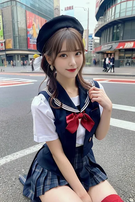 (a lady, early 20s, at Akihabara, dressed in Japanese uniform fashion, blouse with a sailor-style collar, a pleated skirt, feminine_pure_natural_look, Serafuku, Seifuku, Sailor Uniform, JK Uniform Cosplay, Buttons, Red Ribbon, Red Tie, Red neckties, Red Bo...