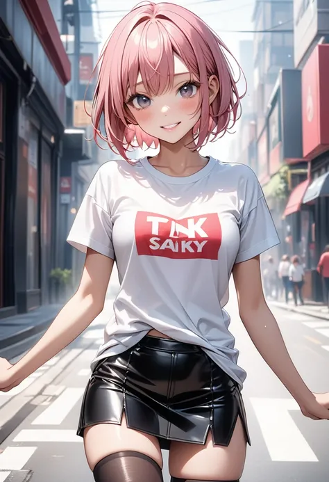 (((Female singer, T-shirt, leather tight skirt, knee socks,))), (Navel), skindentation, skinny, solo, 1 woman, Masterpiece, highest quality, highest quality, 16K, incredibly absurd, highly detailed, 2.5D, ai-generated, delicate and dynamic, very delicate f...