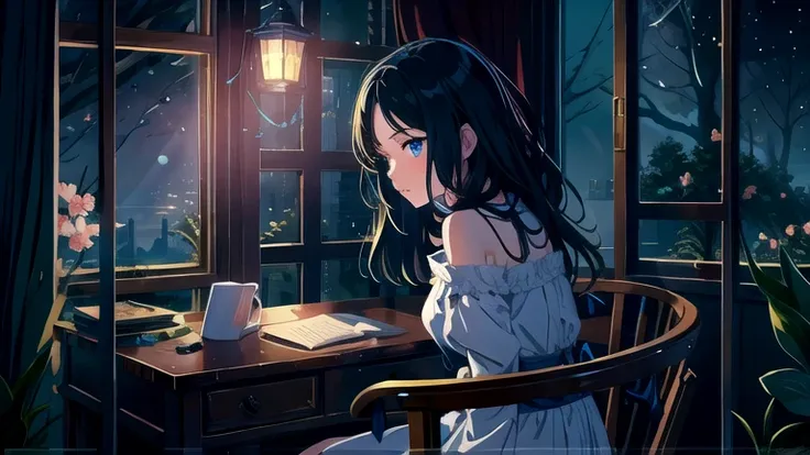 Create an illustration of a girl with black hair and blue eyes, sitting in a chair in front of a desk, Sentimental, Introspective look。, The moonlight gently shines into the room, Gently illuminate the space, Curtains sway in the wind, Increase tranquility...