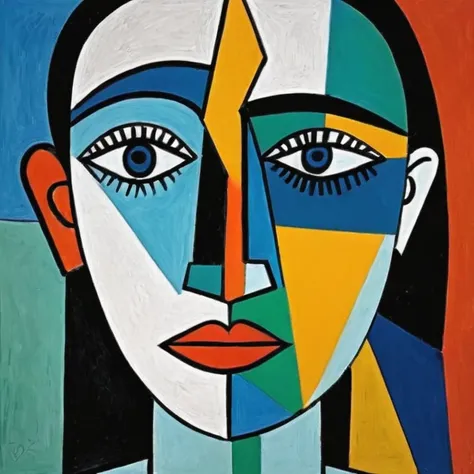 image of a {dobberman}, in the style of pablo picasso, fragmented forms, geometric shapes, bold lines, contrasting colors