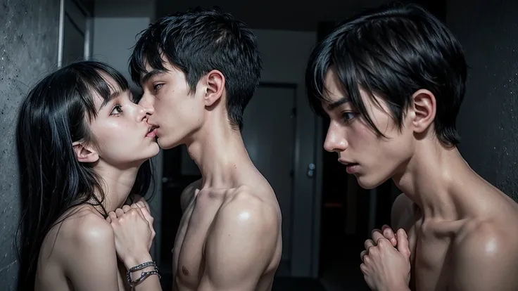 a couple of very skinny heterosexual teenagers, lovers 12 years old, both the same height, a very thin heterosexual teenage boy of 12 years old, with blue and black hair and bangs and a very thin heterosexual teenage girl of 12 years old , with blue and bl...