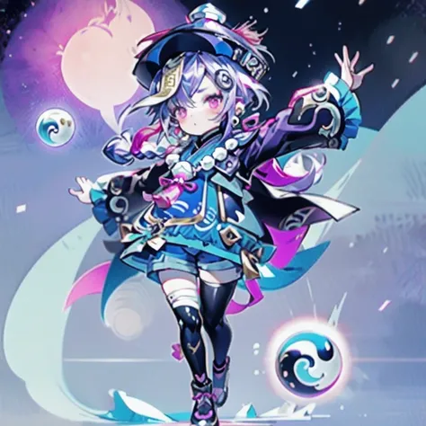 masterpiece, best quality, 10 years old, 1girl, qiqi (genshin impact), solo, thighhighs, hat, purple hair, white thighhighs, hair ornament, braid, qing guanmao, long sleeves, purple eyes, long hair, jewelry, parted lips, wide sleeves, ofuda, purple headwea...