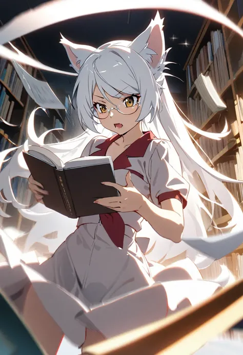 1girl, black hanekawa, monogatari (series), white cat ears, long white hair with movement, motion blur effect, reaching for book, library setting, floating books, streaked background, sense of quick movement, masterpiece, best quality, absurdres, intellige...