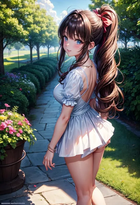 A beautiful girl walking in a garden while contemplating the flowers, anime girl, (20 year old girl:1.3), she is looking back, shows her back, from behind, three quarter view, beautiful garden full of flowers and trees, blue sky with white clouds, butterfl...