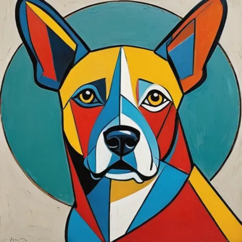 image of a {dog}, in the style of pablo picasso, fragmented forms, geometric shapes, bold lines, contrasting colors, circle meta...