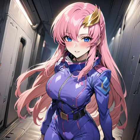 ((Highest quality)), ((masterpiece)), (detailed), （Perfect Face）、Gundam SEED、The woman is Lacus Clyne, with blue eyes, pink medium-long hair and a hair accessory.、The woman is a female officer in the Earth Federation Army and is wearing an Earth Federation...