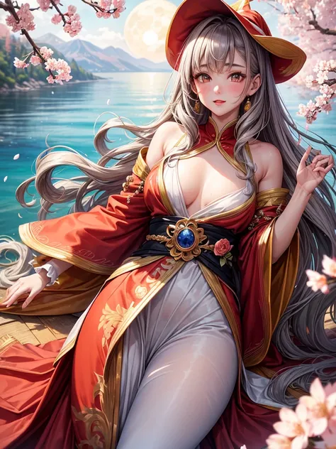 Beautiful young, witch, big, caramel brown eyes, long wavy bright gray hair, beautiful well proportioned body, Red lips, young and beautiful face, small nose, blushing cheeks, A bouquet of cherry blossoms adorned her hair on the left side., He wears a red ...