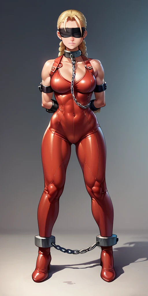 (masterpiece, Best Quality), intricate details, 1sologirl Cammy White de Street Fighter (standing full length, from head to toe by a wooden post.:1.2) iron necklace, arms behind the back, iron fists, shackles, tied, bondage suit, leverage, o ring, bondage ...