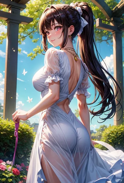 A beautiful girl walking in a garden while contemplating the flowers, anime girl, (20 year old girl:1.3), she is looking back, shows her back, from behind, three quarter view, beautiful garden full of flowers and trees, blue sky with white clouds, butterfl...