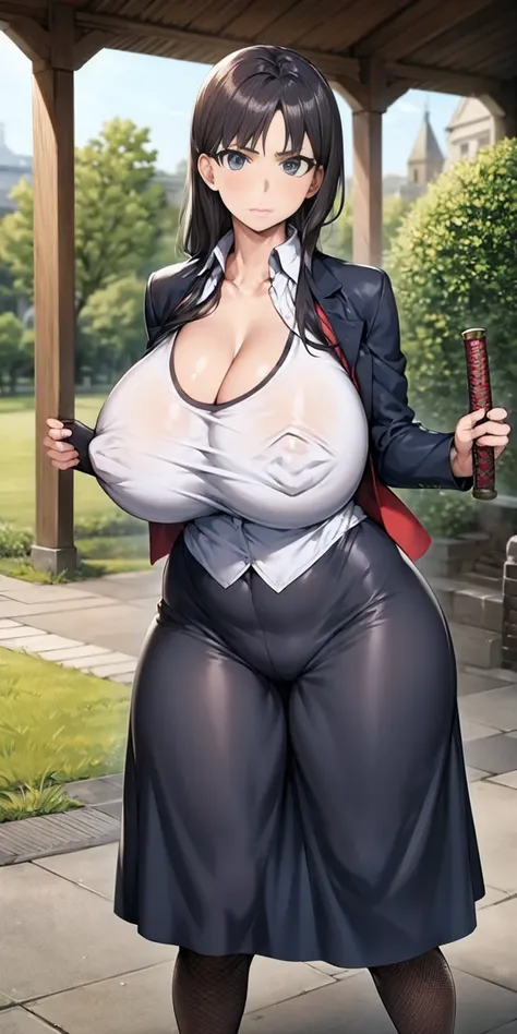 big breasts, voluminous breasts, curvy breasts, fishnets, standing with a katana, full height, bottom view, Best Quality, Very detailed, ultra 8k resolution,huge chest, shelter , vest, long skirt, portrait, Whole body, victorias clothing, long dress, gentl...