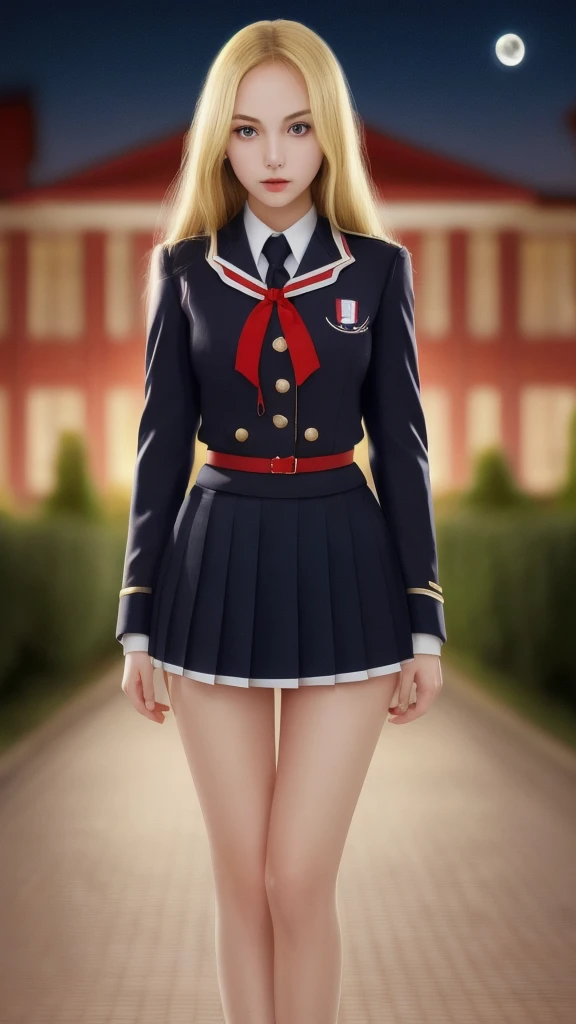 Gal, facing front, blonde, uniform, background school, red ribbon, night, , the moon is out, high resolution, 4K, super high quality