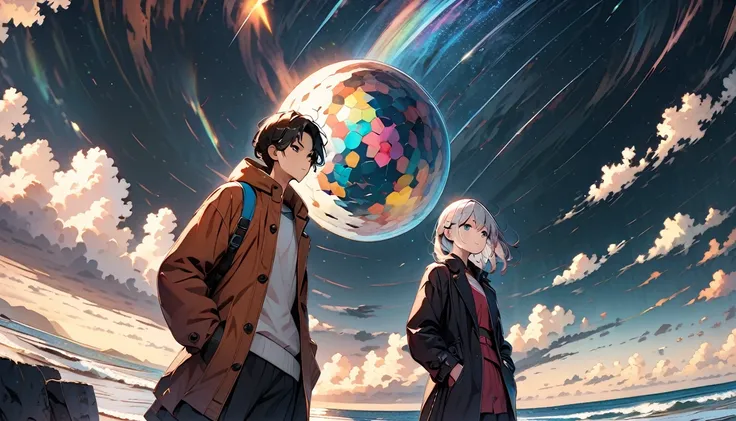 Starry Sky, After the Rain, horizon , In the sky,Lens flare, colorful,coat,Put your hands in your pockets,(student, 18-year-old, ＪＫ, Her short silver hair sways, Pale skin, Lack of eye sparkle) Looking up at the sky, Beautiful sky, There is an ocean,White ...