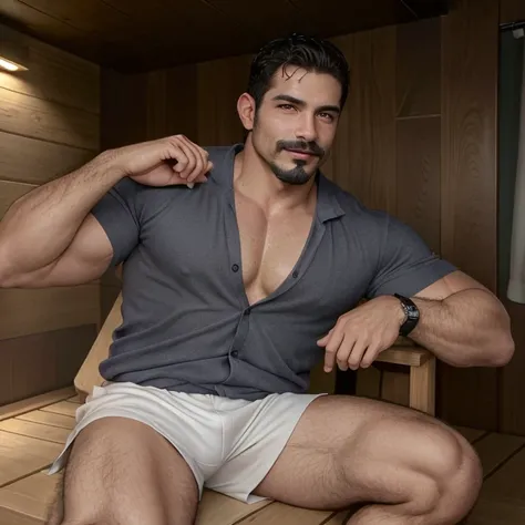 Hot handsome macho gym coach in sauna, gym teacher, sweaty, steam, steamy, wet, athletic wear, athlete, elegant, charming, kind, scruff, goatee, mustache, hairy, manly and masculine, symmetrical eyes, beautiful eyes, high Resolution, Masterpiece,Best Quali...