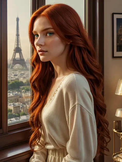 beautiful  woman with long red hair, detailed face, piercing green eyes, delicate nose, full lips, elegant neck, standing near window in cozy apartment, Eiffel tower visible in background, morning light, warm colors, intricate details, cinematic lighting, ...