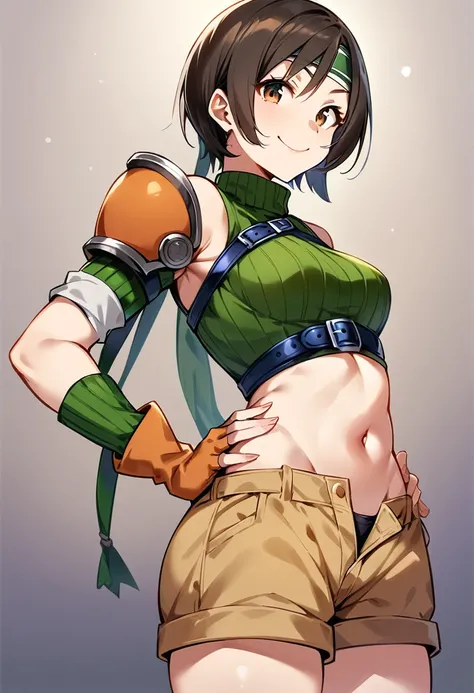 score_9, score_8_up, score_7_up,,BREAK ,best quality,aesthetic,very aesthetic,masterpiece,high-resolution ,mediumshot,(Standing pose),soro focus,1girl, yuffie kisaragi, final fantasy, short hair,headband,navel,sleeveless,turtleneck,brown eyes,sleeveless tu...