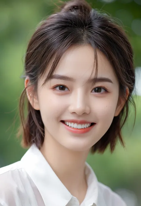 Highest quality, Realistic, 8k, High resolution, 1 girl, woman, (Skin dents), (Portraiture:0.6), Nice, ((Green park background、 White collared shirt, big 、Random Hairstyles、Beautiful white teeth,Beautiful and clear teeth alignment,Looking at the audience, ...