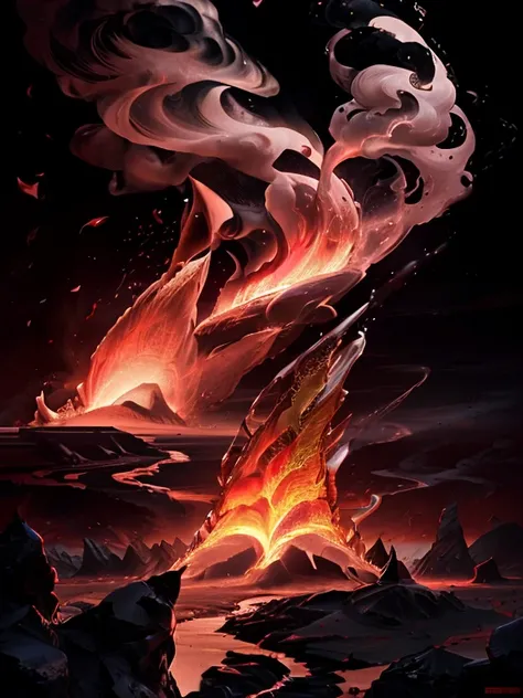 heart, fusion of rose petals and golden thorns and volcano, magma, lava, fire, extravagant, elegant, thick white smoke, gold black red high octane, attention to detail, high detail, high resolution, jewelry, soft lighting