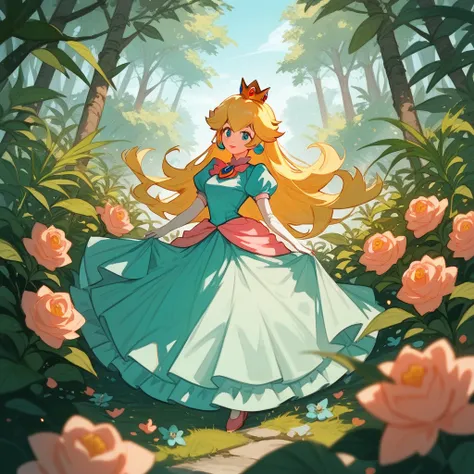 A picture of Princess Peach, surrounded by a lush garden in turquoise Art style
  (score_9,score_8_up,score_7_up,score_6_up,score_5_up,score_4_up) 