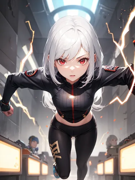 Freefire game characters,white hair,red eyes,beautiful,electricity,light wallpaper,whole body perspective