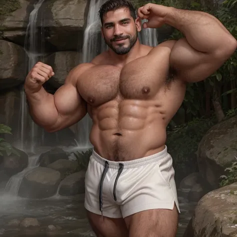 Hot handsome macho hiker in waterfall, shower, sweaty, mist, fog, wet, athlete, elegant, charming, kind, scruff, goatee, mustache, very hairy, big body, manly and masculine, symmetrical eyes, beautiful eyes, high Resolution, Masterpiece,Best Quality, big p...