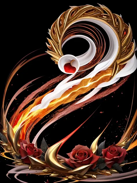 heart, fusion of rose petals and golden thorns and volcano, magma, lava, fire, extravagant, elegant, thick white smoke, gold bla...