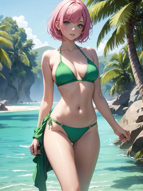 A beautiful woman in green bikini, pink_hair, bob_cut, blue_eyes, pink lips, perfect body, full_body,