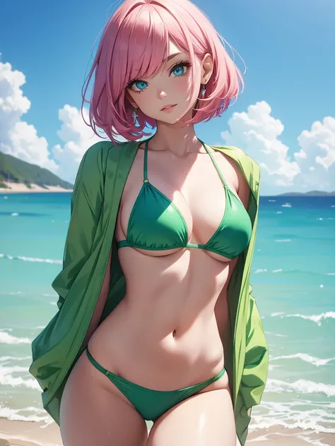 A beautiful woman in green bikini, pink_hair, bob_cut, blue_eyes, pink lips, perfect body, full_body,