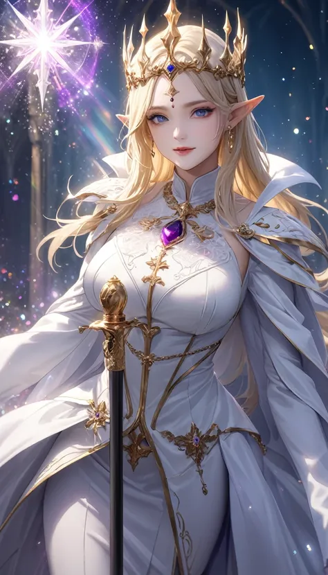 beautiful elven female bishop of the cathedral, cool beauty, piercing blue eyes, shoulder-length blonde hair, make-up, amorous and lewd face, great proportion, wearing splendid white, light blue and gold bishops uniform and mitra crown, large staff embedde...