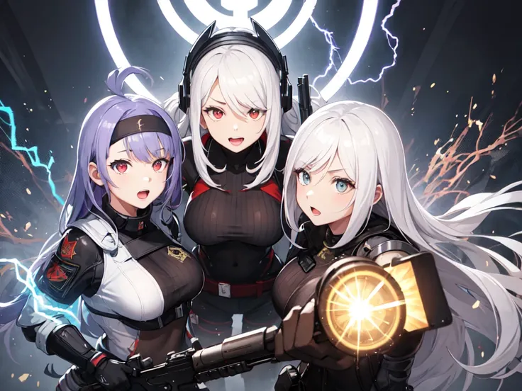 1 man,2 girls on either side,Freefire game characters,white hair,red eyes,Hold the gun.,aggressive,beautiful,electricity,scary,light wallpaper,whole body perspective