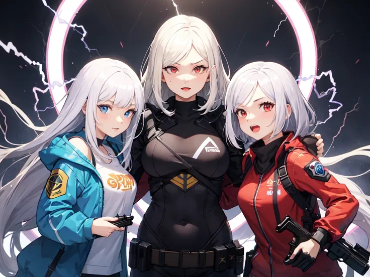 1 man,2 girls on either side,Freefire game characters,white hair,red eyes,Hold the gun.,aggressive,beautiful,electricity,scary,light wallpaper,whole body perspective