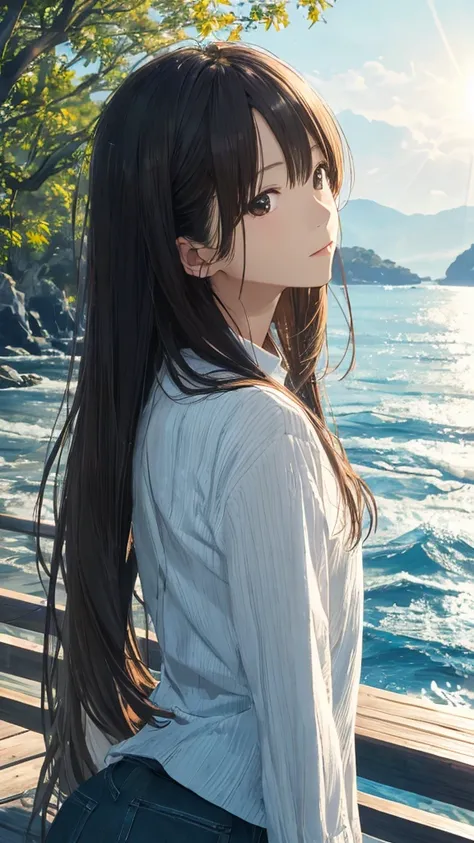 Shiraishi Mei, Looks exactly like Shiraishi Mei,Oceanの方を向いている後ろ姿、Woman looking up at the sky ,Long Hair,  Dark brown hair, 2 girls, 18-year-old, photograph, Realistic, Highest quality, Detailed face, Strong sunlight, Ocean, Embankment, Detailed Background,...