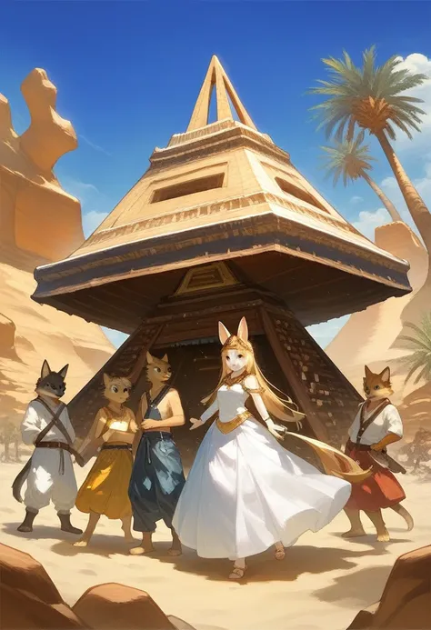 top quality, best quality, High-quality illustrations, masterpiece, super high resolution, detailed background, detailed background, desert, sand dunes, pyramid, Traditional costumes, boys, girls, Happy, joyful, absurdres(highly detailed beautiful face and...