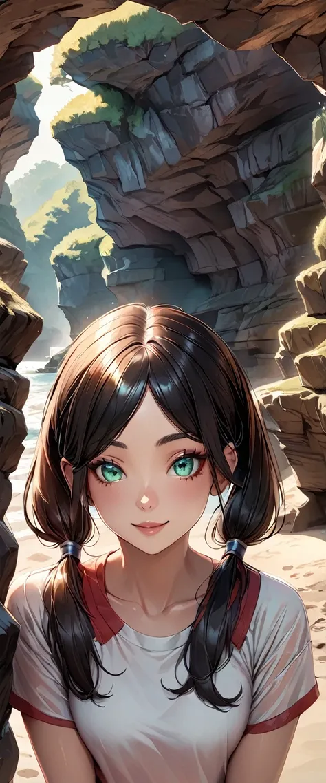 Realistic, photograph, 自然な肌をした女の子のphotograph, ((High Twintails)), , ((Baby Face)), Smiling, ((Tilt your head)), Round face, Red mesh hair, ((Upper Body)), Beach cave, The light is shining in, Black hair with red mesh, Sharp Eye, Blue-green eyes, Shining ey...