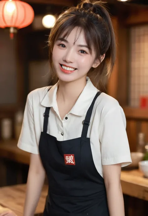 Highest quality, Realistic, 8k, High resolution, Interior background of the izakaya,1 girl, woman, (Skin dents), T-shirt and apron,(Portraiture:0.6), Nice,  Random Hairstyles,Beautiful white teeth,Beautiful and clear teeth alignment,Looking at the audience...