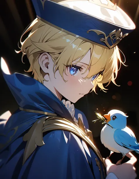 "{{masterpiece}}, Highest quality, Cinema Lighting, Captivating lens flare,Wearing a blue cape and hat、Anime character holding a bird, Portrait of the Magical Blonde Prince, Inspired by Le Chevalier, A delicate androgynous prince, Machiavelli&#39;s Puppet ...